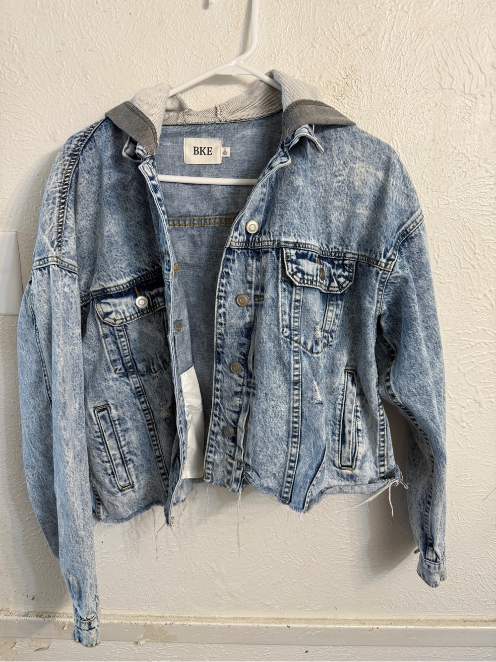 BKE Light Blue Acid Wash Denim Jacket with Gray Hood